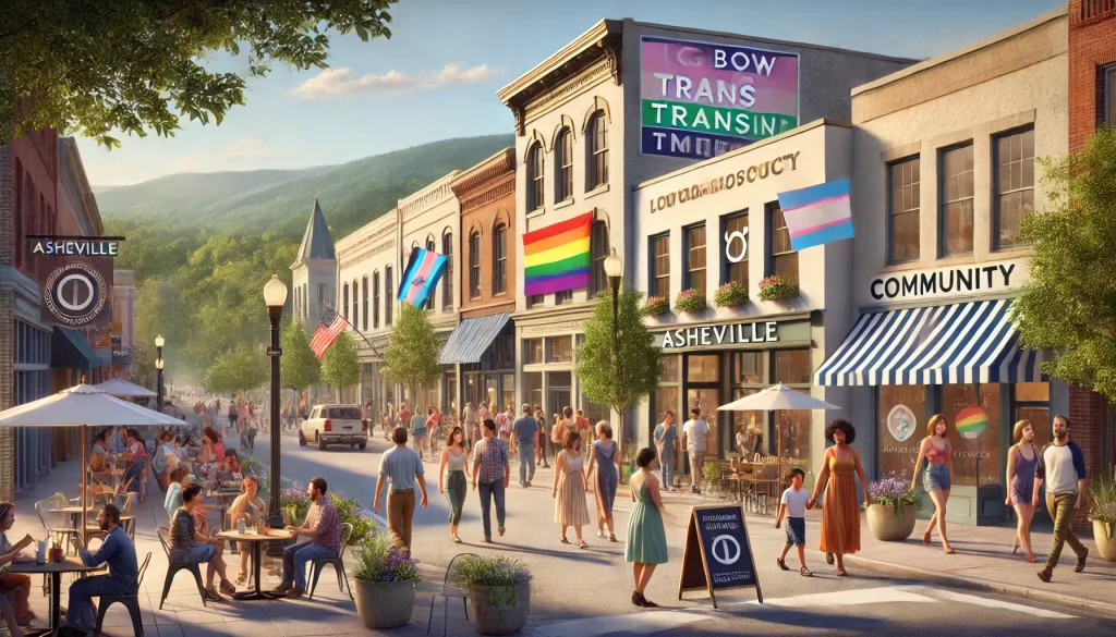 A welcoming view of Asheville, North Carolina showing the city as an inclusive space for LGBTQ+, Trans, and immigrant communities, featuring diverse people and community gathering spaces